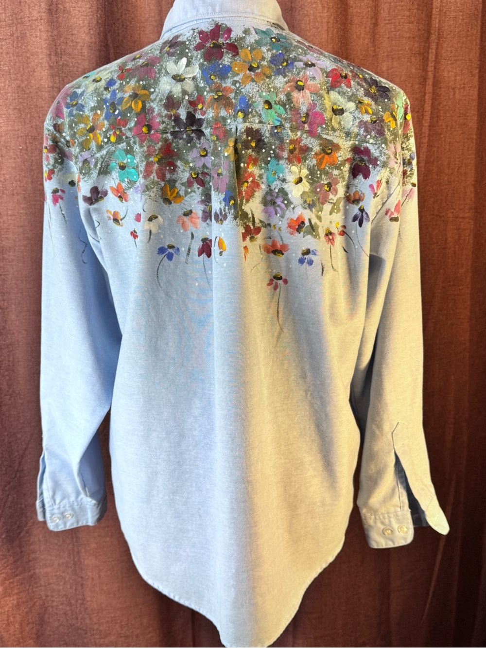 Vintage Hand Painted Floral Button-Up Light Blue Shirt size 12 (Large) - Picture 6 of 8